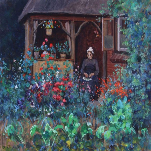 Garden Exterior With Woman Oil Painting by Julius Furst