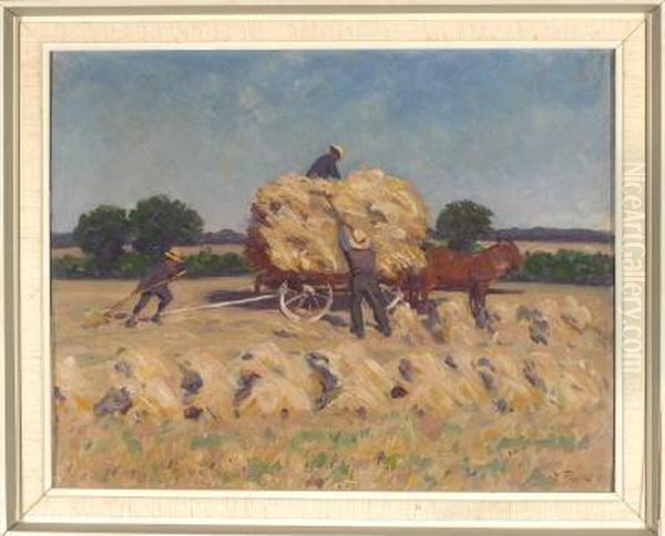 Getreideernte - Drei Bauern Mit Pferdewagen Auf Dem Feld Oil Painting by Julius Furst