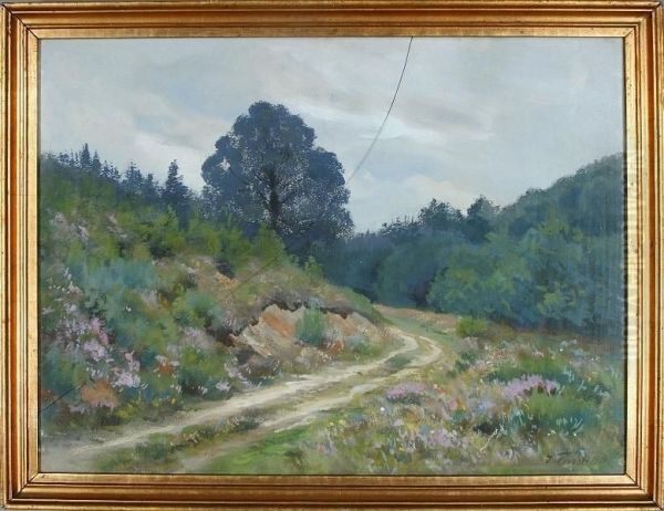 A Summer Landscape With Heather In Bloom Oil Painting by Julius Furst