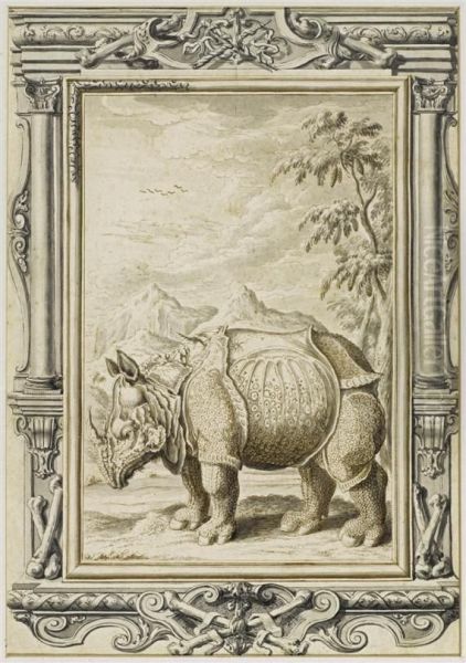 Rhinoceros Before Landscape Backdrop In Architectural Frame Oil Painting by Johann Melchior Fussli