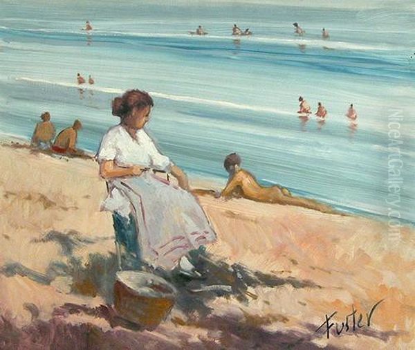 Pescadora En La Playa Nudista Oil Painting by Joan Fuster Bonnin