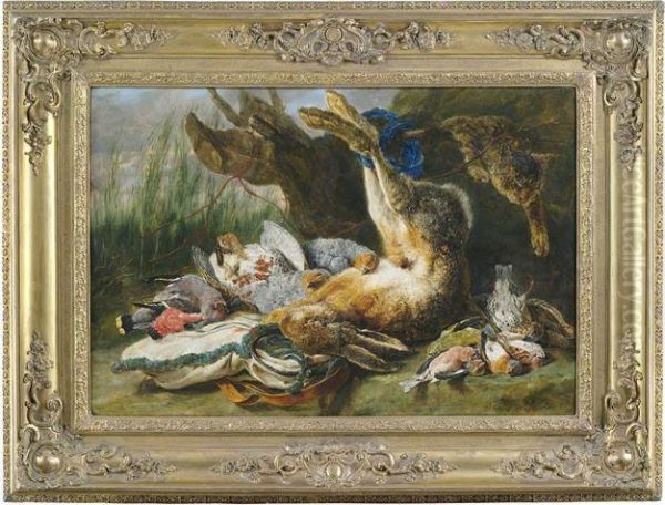 Jagdstilleben Mit Erlegtem Hasen, Wildvogeln Und Einer Katze Oil Painting by Jan Fyt