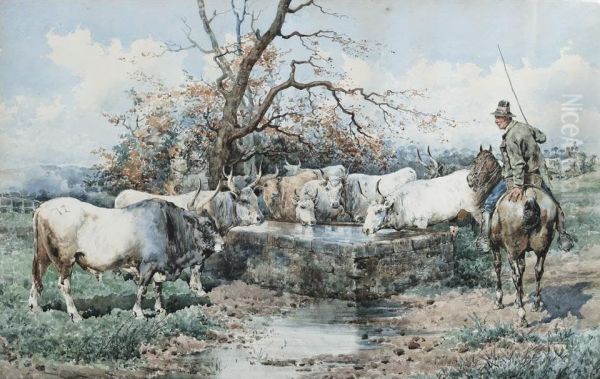 Farmer Watering The Herd Oil Painting by Giuseppe Gabani