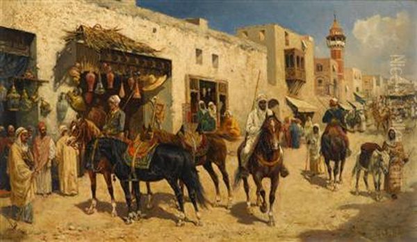 Arab Horsemen In A Busy Street Oil Painting by Giuseppe Gabani