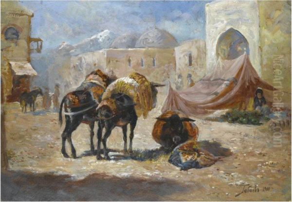 Donkeys At Rest Oil Painting by Georgii Ivanovich Gabashvili