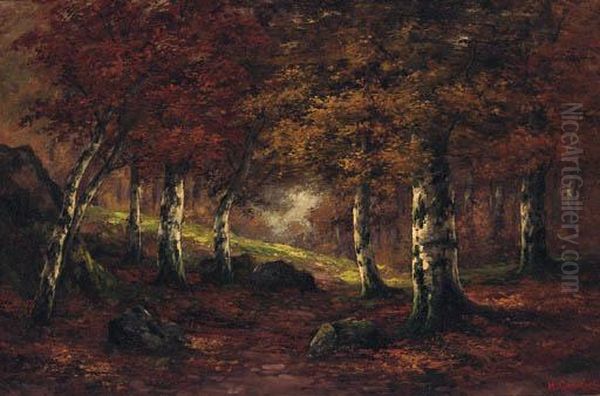 A Wooded Landscape Oil Painting by Hans Gabriel