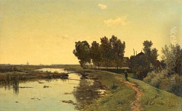 Walking Along A Dutch Canal Oil Painting by Paul Joseph Constantine Gabriel