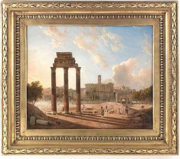 The Forum Romanum With The Conservator's Palace, The Temple Of Castor And Pollux And The Arch Of Emperor Septimus Severus Oil Painting by Gaspare Gabrielli