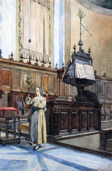 Church Interior With A Nun Oil Painting by Pietro Gabrini