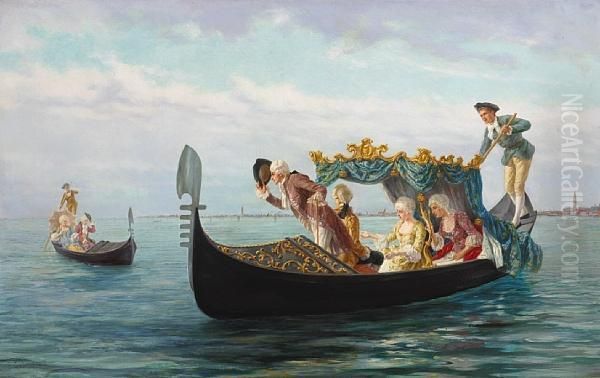 Elegant Couples In A Gondola Oil Painting by Pietro Gabrini