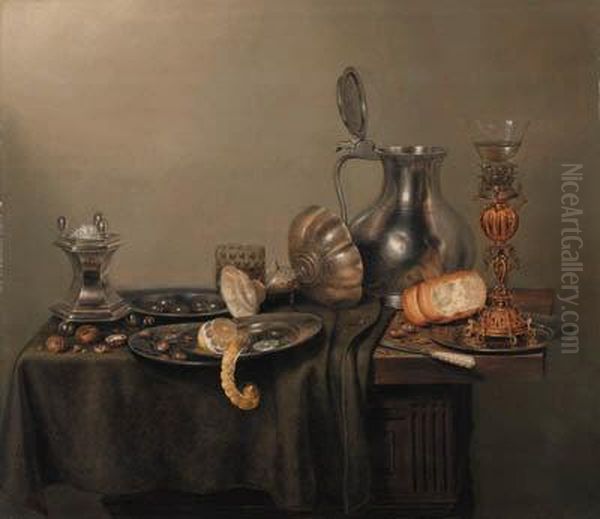 A Silver Salt-cellar And Upturned Tazza, A Pewter Flagon, A Roemeron A Silver-gilt Stand, A Peeled Lemon On A Pewter Plate, A Loaf, Aknife And Nuts On A Partly Draped Table Oil Painting by Willem Gabron