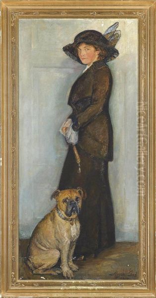 A Full Length Portrait Of An Elegant Lady With Her Dog Oil Painting by Mogens Gad