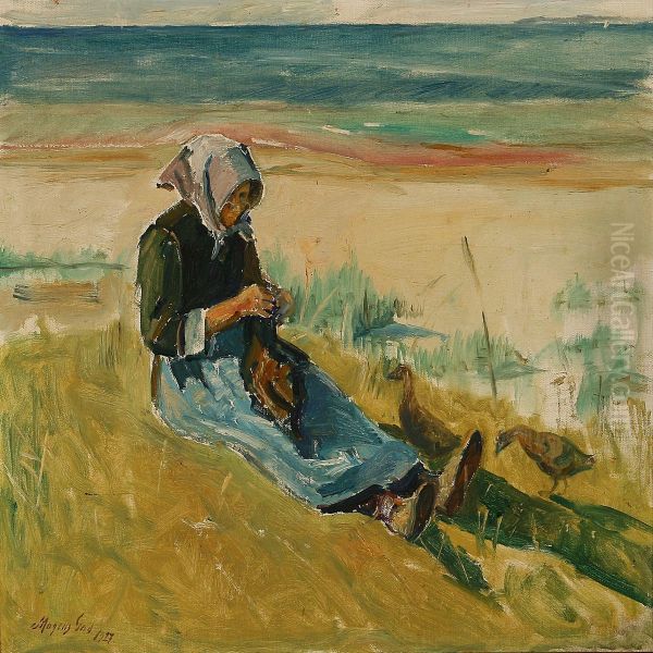 A Fisherman's Daughter Ona Beach Oil Painting by Mogens Gad