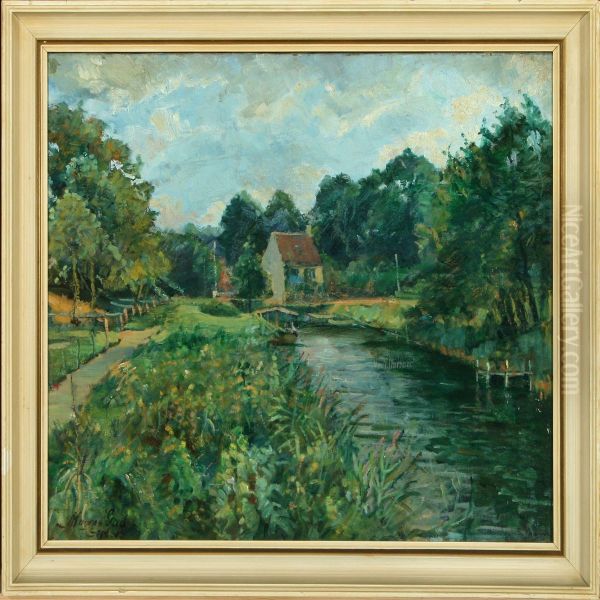 Landscape With A Smallhouse And A Stream Oil Painting by Mogens Gad