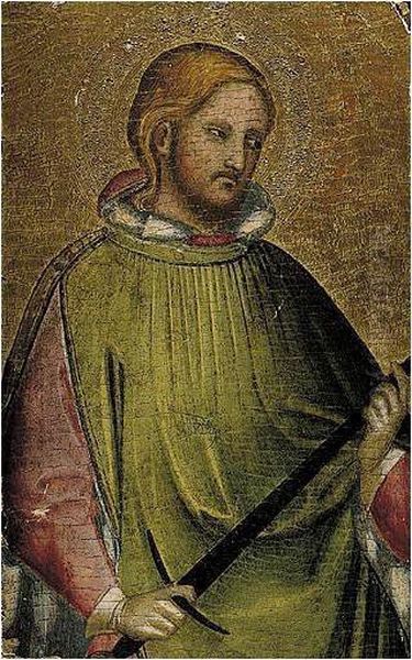 A Young Male Saint, Half Length, Holding A Sword, Probably Saint Julian The Hospitator Oil Painting by Agnolo Gaddi