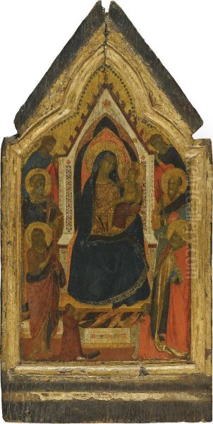 The Madonna And Child Enthroned, Flanked By Saints John The Baptist, Peter, Paul And Zenobius (?), And Two Angels, Below Them Two Donors Oil Painting by Taddeo Gaddi