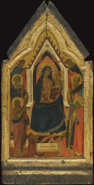 The Madonna And Child Enthroned, Flanked By Saints John The Baptist, Peter, Paul And Zenobius (?), And Two Angels, Below Them Two Donors Oil Painting by Taddeo Gaddi