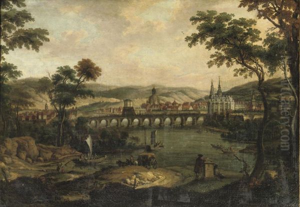 A View Of Dresden From The Left Bank Of The River Elbe With The'augustusbrucke', The 'frauenkirche' And The 'hofkirche' Oil Painting by Gae Monogrammist