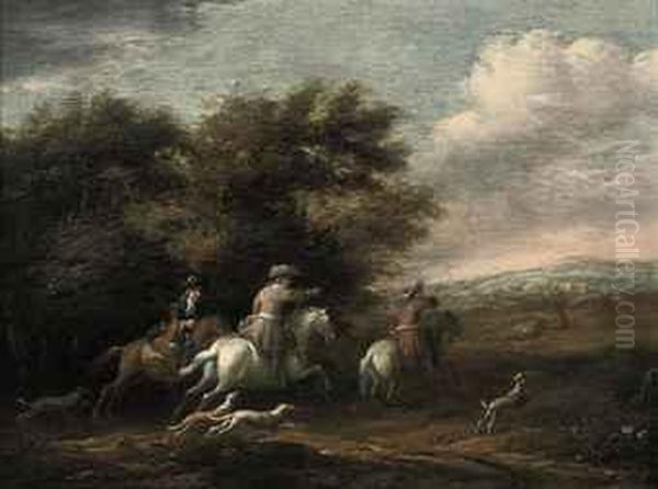 A Wooded Landscape With A Hunting Party Oil Painting by Barent Gael