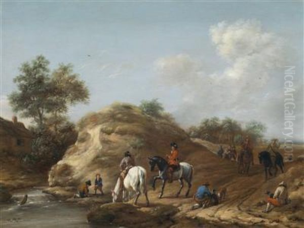 Dune Landscape With A Hunting Party Oil Painting by Barend Gael or Gaal