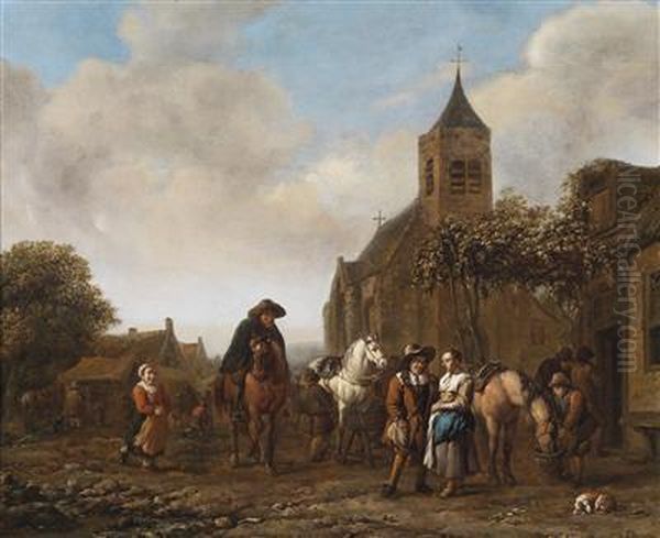 Horsemen Resting On A Village Square Oil Painting by Barend Gael or Gaal