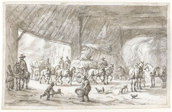 Interior Of A Barn, With Figures, Horses And Carts Oil Painting by Barend Gael or Gaal