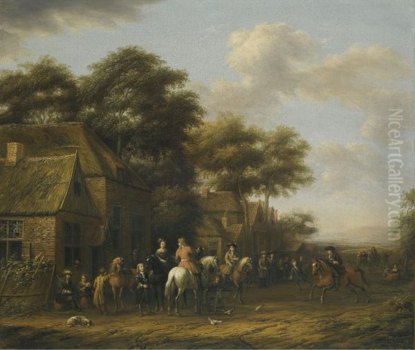 A Pair Of Village Scenes With Numerous Figures, Horses And Chickens Oil Painting by Barend Gael or Gaal