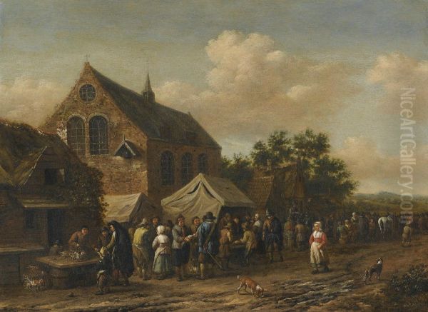 A Village Market Beside A Church Oil Painting by Barend Gael or Gaal