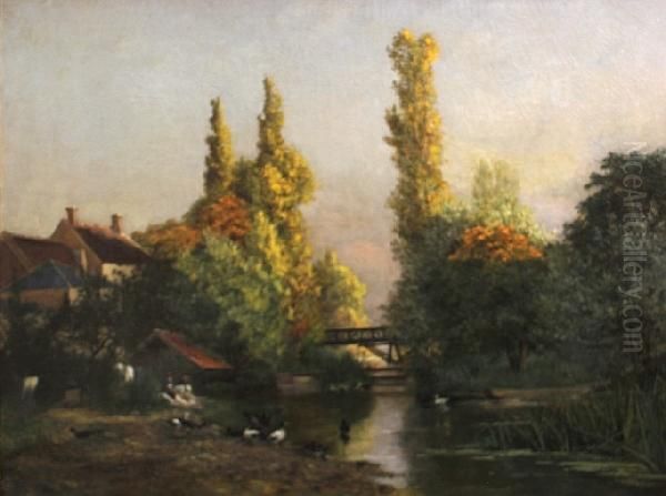 An Extensive River Landscape With Washerwomen And Ducks In The Foreground Oil Painting by Paul Leon Gagneau