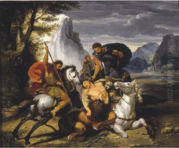 A Lion Hunt Oil Painting by Benigne Gagnereaux