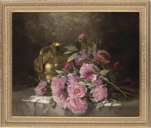 Peonies And A Pitcher On A Ledge Oil Painting by Paul Gagneux