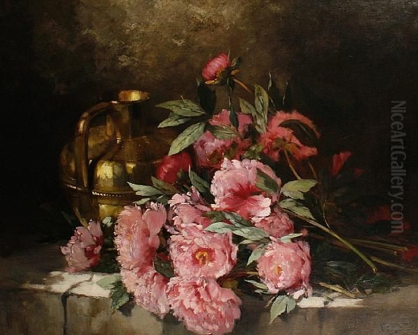 Peonies And A Pitcher On A Ledge Oil Painting by Paul Gagneux