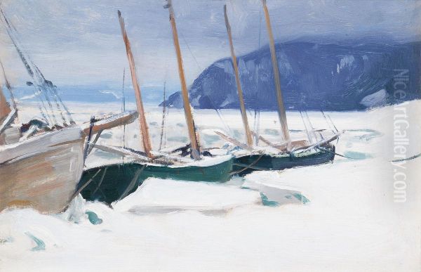 Schooners In Ice Floes, Baie St. Paul Oil Painting by Clarence Alphonse Gagnon