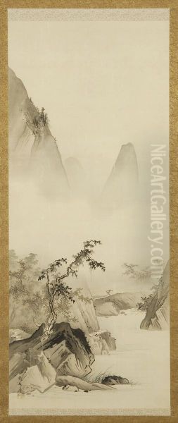 Mountain Landscape With Peasant Figure And River Oil Painting by Hashimoto Gaho