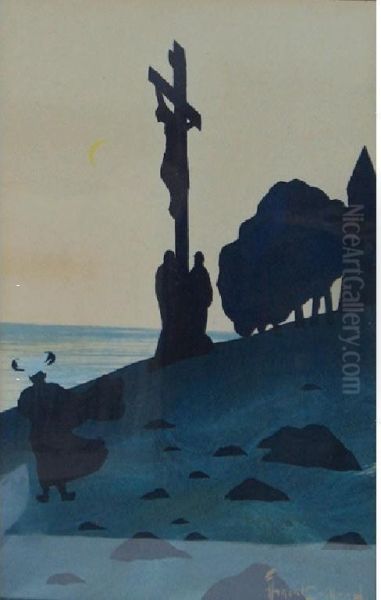 An African Woman Attending A Crucifixion On A Coastal Hillside Oil Painting by Marcel Gaillard