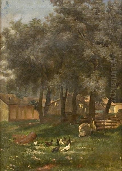 Cascinale Nel Bosco Con Galline Oil Painting by Eugenio Gairoard