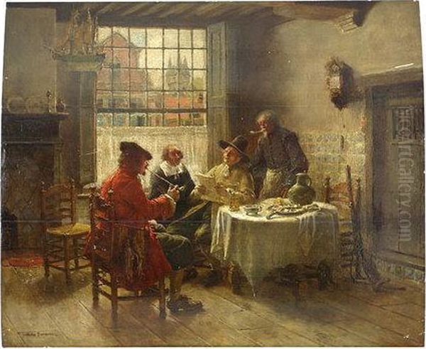 Dutch Interior With Men Eating Oysters Oil Painting by Max Gaisser