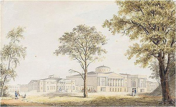 A Pair Of Watercolours: View Of The Palace Of Ostankino And Peasant Women Gleaning Oil Painting by Stepan Filippowitsch Galaktionoff