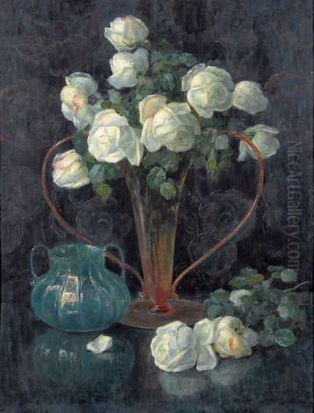 Stillleben Mit Weissen Rosen Und Zwei Glasvasen Oil Painting by Gioachimo Galbusera