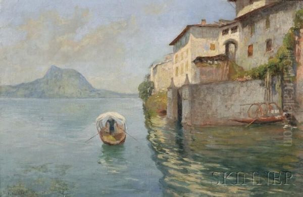 Italian Coastal View With Oarsman Oil Painting by Giovacchino Galbusera