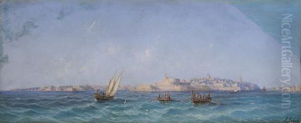 Veduta De La Valletta Dal Mare Con Barche Di Pescatori Oil Painting by Luigi Maria Galea