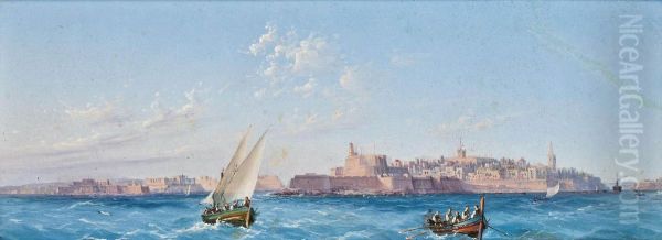 Fishing Boats Off Valetta Oil Painting by Luigi Maria Galea