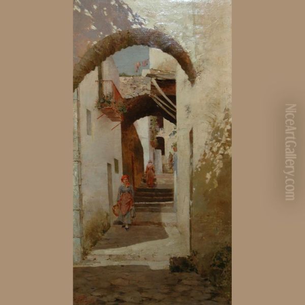 Woman With Water Jug In A Narrow Village Street Oil Painting by Leopoldo Galeota