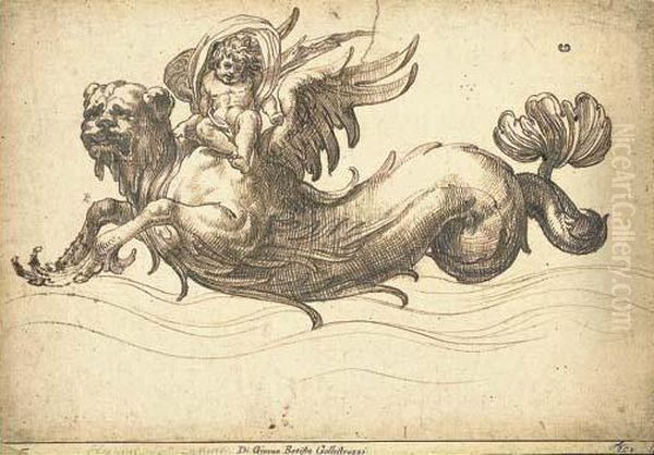 A Putto Riding On The Back Of A Sea-monster Oil Painting by Giovanni Battista Galestruzzi