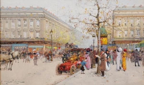 Un Taxi, Boulevard De La Madeleine Oil Painting by Eugene Galien-Laloue