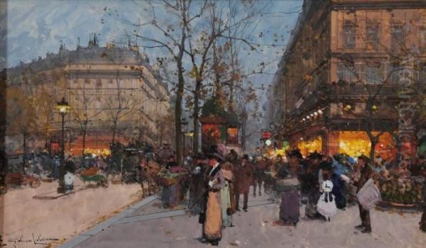 Promeneurs, Place De La Madeleine Oil Painting by Eugene Galien-Laloue