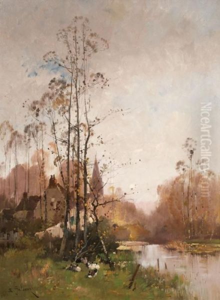 Herbstliche Flusslandschaft Mit Dorf Oil Painting by Eugene Galien-Laloue