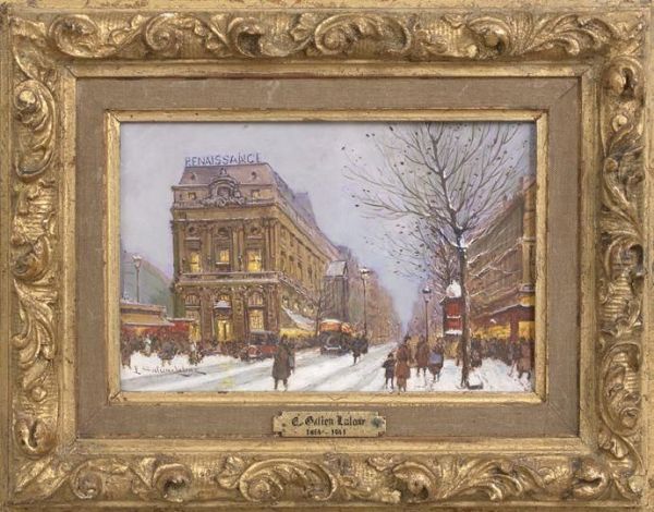 Parisian Street Scene In Winter Oil Painting by Eugene Galien-Laloue