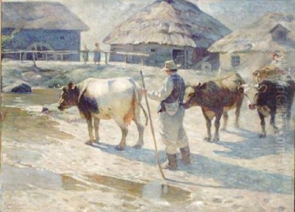 Krowy Oil Painting by Wladyslaw Mihailov. Galimski