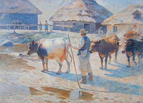 Krowy, Okolo 1913 Oil Painting by Wladyslaw Mihailov. Galimski